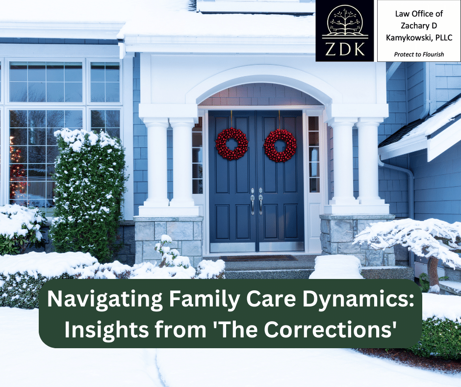 A snowy blue and white suburban house: Navigating Family Care Dynamics Insights from 'The Corrections'
