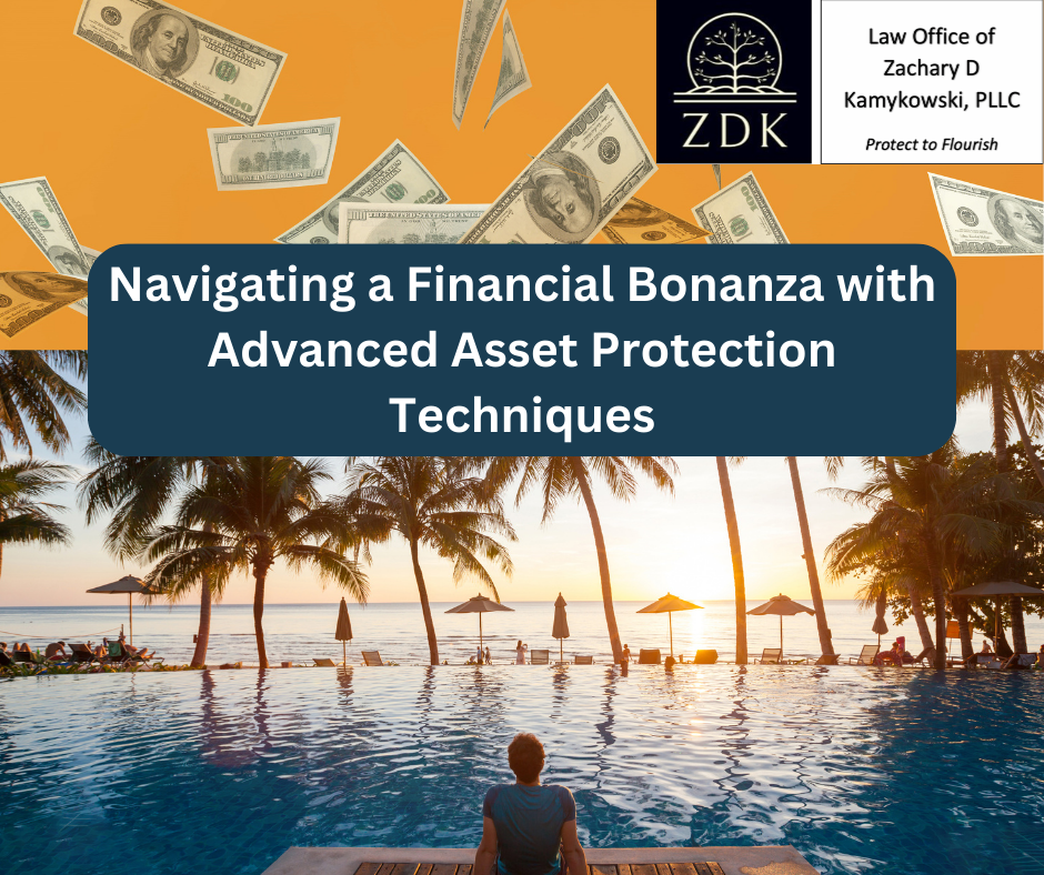 money falling from the sky & calm beach resort ocean view: Navigating a Financial Bonanza with Advanced Asset Protection Techniques